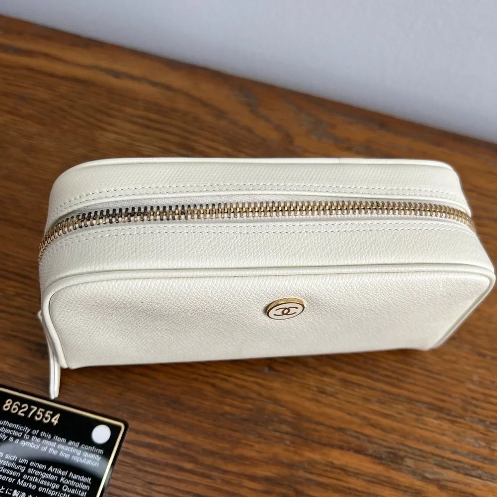 CHANEL Pouch Cosmetic Bag Purse Coco Button Leather Ivory Authentic.